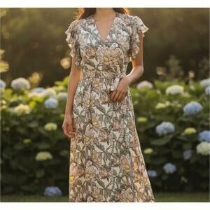 Anthropologie Blank London Flounce Floral Wrap Maxi Dress Women's XS Gray